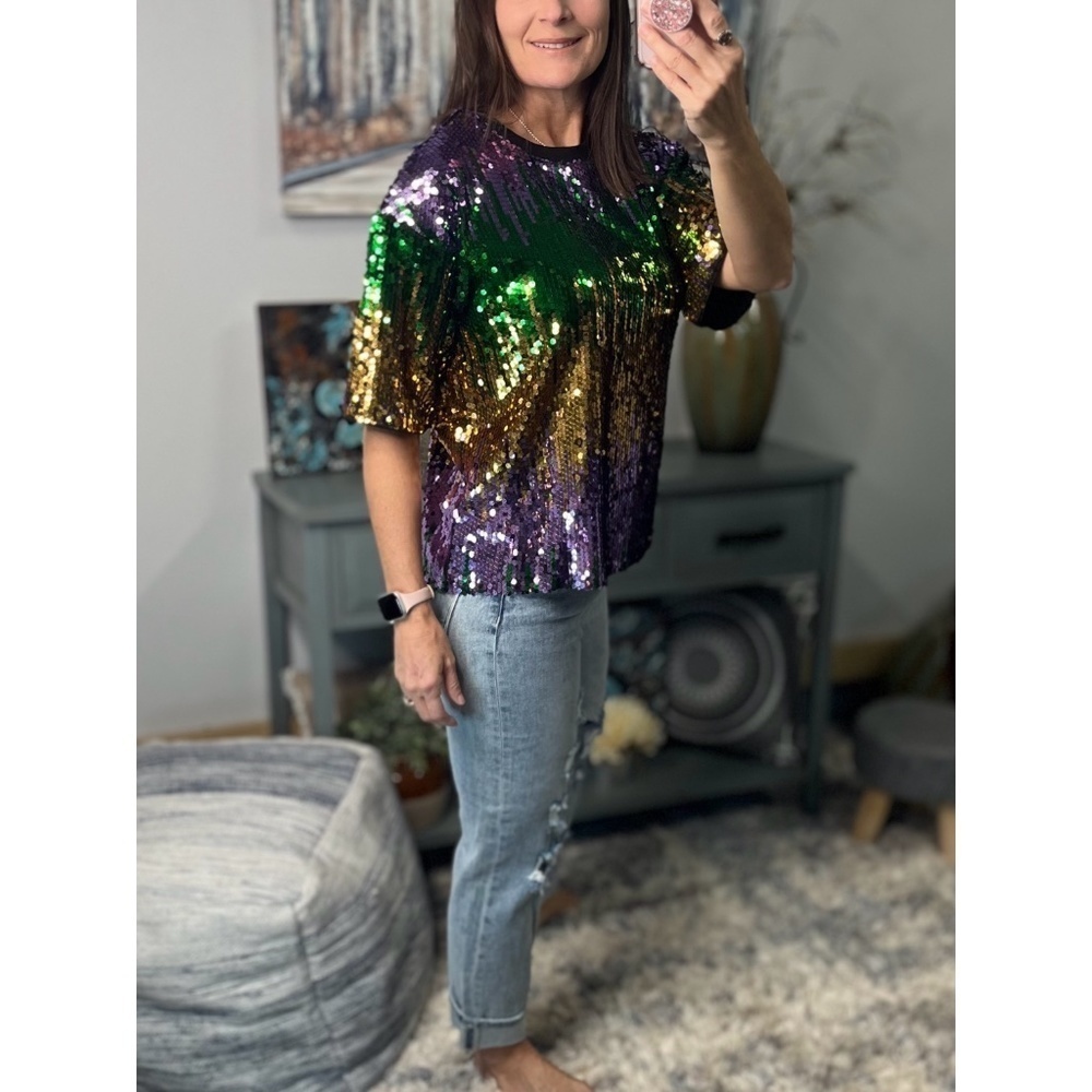 Mardi Gras Sequined Ombre Short Sleeves Cropped Parade Purple Green Gold 0923 - Picture 5 of 9